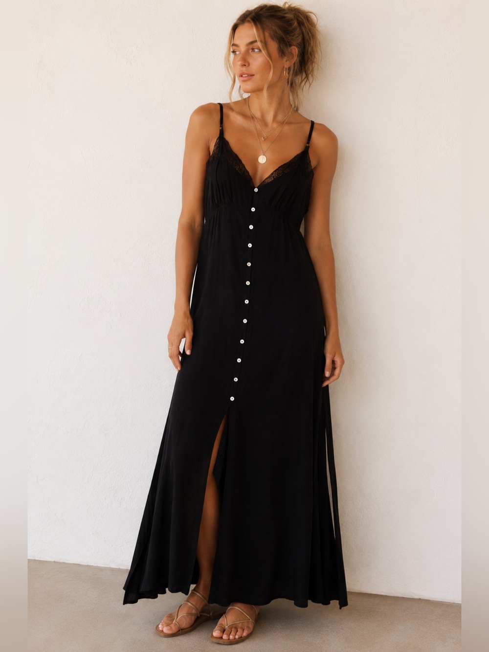 Lovestitch Black Lace Trim Button Front Maxi Dress Size Small